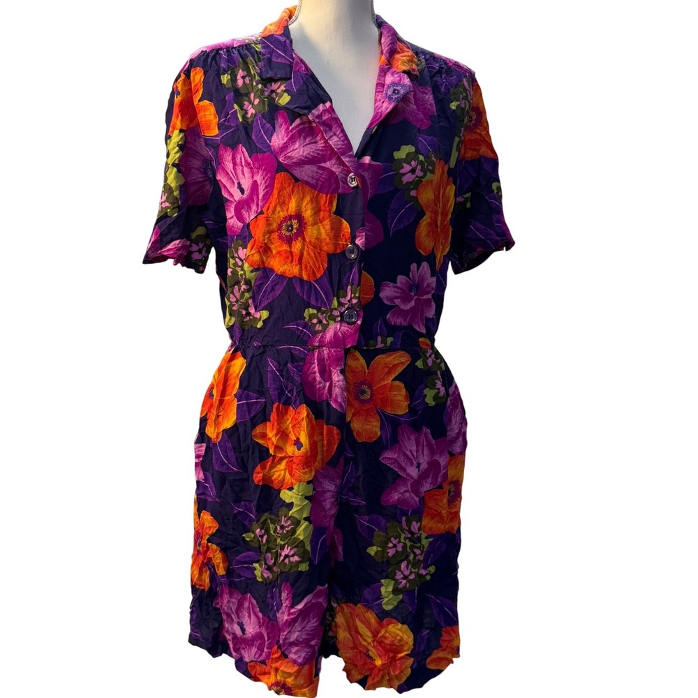 Vintage 90s Marissa Women's Tropical Floral Shirt Romper Medium Rayon Travel
